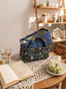 1pc Vintage Floral Print Quilted Diaper Caddy, Toy Storage Basket, Embroidered Diaper Organizer For Newborns, Toys And Supplies - Multicolor - View 4