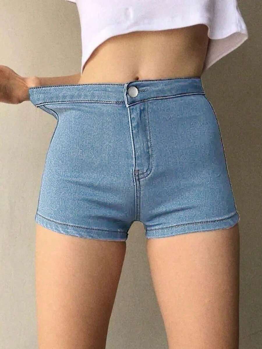 女士休闲弹力修身牛仔短裤夏季款 - 淺色水洗藍 - 查看 1