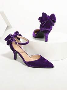 Women's Purple Satin Bow Pointed Toe Strap High Heel Shoes, Spring/Autumn - Purple - View 5