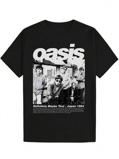 Camiseta gráfica vintage para hombres - Camiseta negra con texto Oasis en negrita - Camisa de poliéster ligera para conciertos, festivales de música y uso casual diario - Diseño retro de banda de rock de los 90 - Top de verano transpirable, camisetas de banda de rock, atuendo de concierto, ropa de festival, cuello redondo, impresión duradera, moda streetwear, impresión de alta calidad, para asistentes a festivales