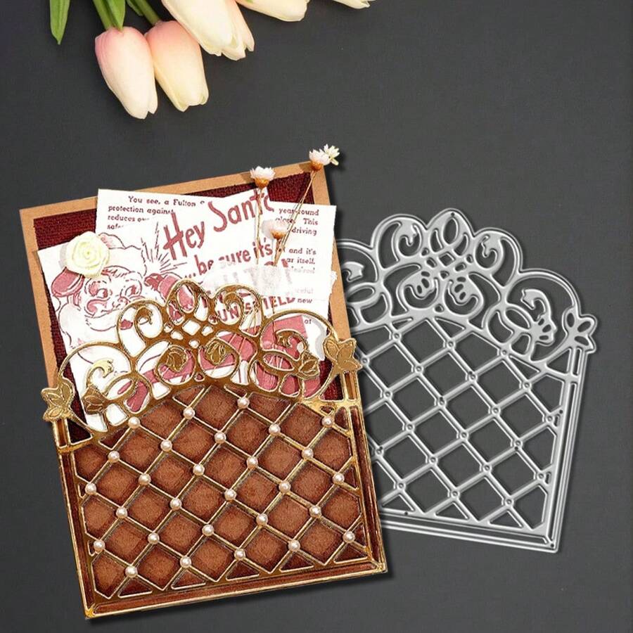 创意网格卡片夹金属切割模具，DIY剪贴簿相册和压花模板，贺卡制作工具，卡片纸切割工艺品，礼品卡制作模板模切件 - 銀色 - 查看 1
