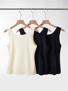 3PCS Women Cool Striped Solid Camisoles, Sleeveless Round Neck, Wide Straps, Unlined, Stylish Outerwear Comfy Casual Backless Base Underwear - Multicolor - View 3