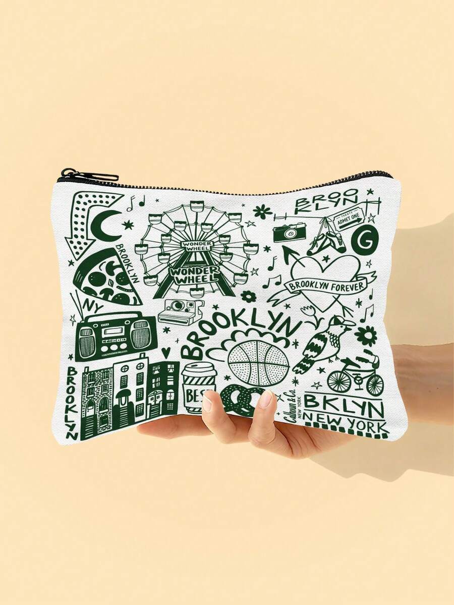 1PC Brooklyn New York Makeup Bag With Zipper Closure | Makeup Bag Cosmetic Bag,Portable Cosmetic Lipstick Bag,Travel Essential, For Girl Gift Cosmetic Bag Zipper Pouch Bags - Multicolor - View 1