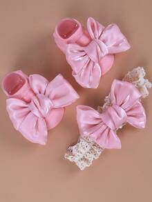 1 Set Baby Socks & Headband With Bow, Sweet Newborn Infant Socks - Pink - View 2