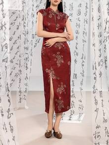 女士精致串珠东方旗袍，饰有华丽的立领、隐形拉链和修身设计，适合人像摄影、传统文化节庆、盛大晚宴、正式晚宴、婚礼庆典以及艺术或文化聚会等场合。 - 紅色 - 查看 3