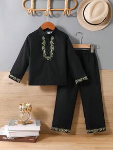 2pcs/Set Boys' Fashion Long Sleeve Shirt + Pants Suit, Casual Outdoor Wear, Spring/Summer/Autumn - Black - View 1
