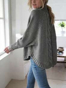 Suéter de punto para mujer con mangas de murciélago sueltas Jersey oversize de manga murciélago holgada Otoño/Invierno Novedad Jersey de punto para mujer Mangas murciélago de punto trenzado con cuello alto Dobladillo asimétrico Cálido y holgado Jersey oversize informal - Gris - Ver 3