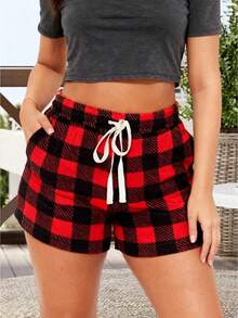 Womens Plaid Shorts Casual Elastic Waist Drawstring Mini Lounge Shorts With Pockets For Daily - Red - View 1