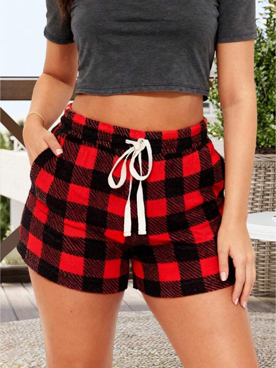 Womens Plaid Shorts Casual Elastic Waist Drawstring Mini Lounge Shorts With Pockets For Daily - Red - View 1