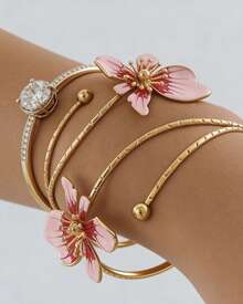 1pc Hollow Minimalist Women Bracelet, Gold Tone Open Arm Cuff With Pink Enamel Flower Detail, Adjustable Upper Arm Bangle For Daily Wear, Summer Beach Outfits, Parties, Vacations And Gift Ideas - Vàng hồng - Xem 4