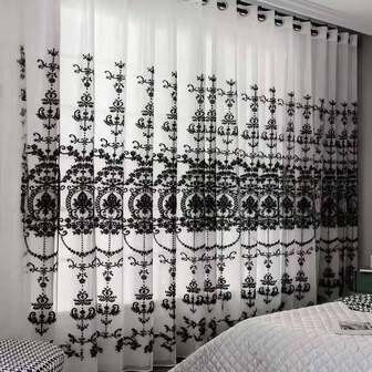 1pc Embroidered Semi-Sheer Voile Curtain, Lightweight Luxury Design, Suitable For Bedroom, Bathroom, Dining Room, Kitchen, Study, Office, Bay Window, Villa And Other Home Decor Scenarios, Sheer Curtain, Room Decor, Classic Design, Floral Embroidery, Embroidery Details, Exquisite Craftsmanship, Decorative Sheer Curtain, Villa Decor