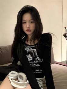 Women's Casual Slogan Print Fitted Long Sleeve T-Shirt - Black - View 4