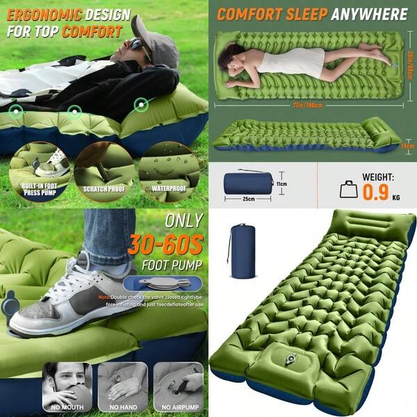 Camping Sleeping Pad Self Iating Sleeping Pad With Pillow Built-In Foot Pump Portable Iatable Sleeping Pads Compact For Outdoor Camping Backpacking Hiking Tents