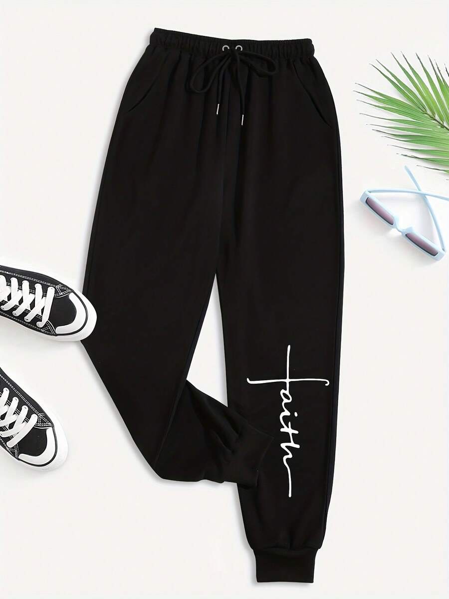 Faith Sweatpants With Drawstring, Faith Print, Casual With Pockets, Women's Clothing. - 黑色 - 查看 1