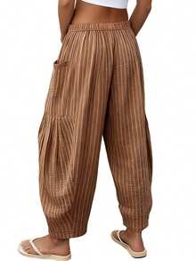 Womens Striped Wide Leg Pants Loose Fit Elastic Waisted Drawstring Trousers Comfortable Casual Daily Wear - Dark Brown - View 3