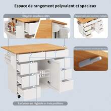 Modern Kitchen Island, Kitchen Unit, Extendable Rolling Cart With Worktop, Serving Trolley With Spice Rack And 8 Drawers, White - White - View 6