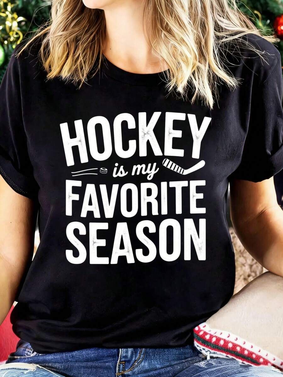 Sports Event Short Sleeves Hockey Is My Favorite Season Graphic T-Shirt Women Casual Summer Top Short Sleeve Crewneck Shirt For Hockey Fans Suitable For Sports Eventsholiday Partiesand Other Holiday Gifts - trắng - Xem 1