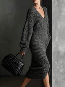 Plus Size Women's Elegant Black Solid Color Cheongsam Dress, V-Neck Slit Casual Knit Sweater Dress For Daily, Party, Date, Spring & Autumn