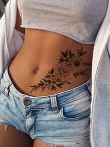 5pcs Black Flower Temporary Tattoos, Waterproof & Sweatproof, Can Be Applied On Various Body Parts, Lasts 5-7 Days, Valentine's Day