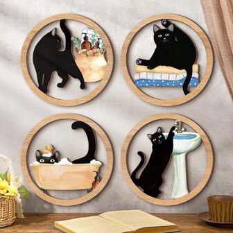 1 Juego de 2 Pinturas decorativas de madera con diseño minimalista moderno de gato negro, con escena de planta verde, burbujas de bañera/fregadero divertido, decoración de pared de baño divertida, regalos personalizados, decoración de baño, decoración de habitación, decoración del hogar (pegado DIY)