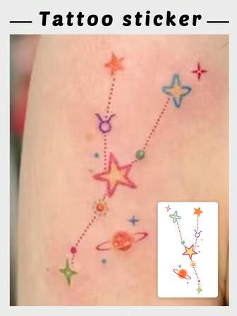 1 st vattentät, svettät och tvättbar tillfällig tatueringsklistermärke med stjärnhimlen, färgglad stjärna, planet och stjärnbildstotem, romantisk kosmisk stil midja och buk vattentät och långvarig tatueringsklistermärke