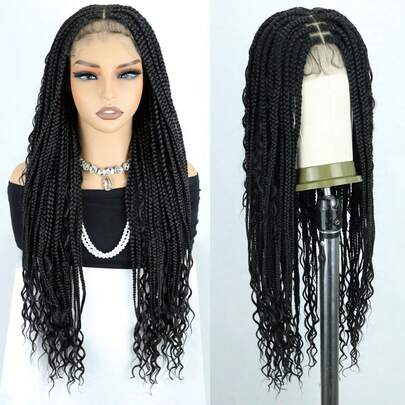 30 Inch Synthetic Braided Wig With Lace Front, Bohemian Curly, 13"X7" Lace Front Box Braids Wig, For Everyday Wear