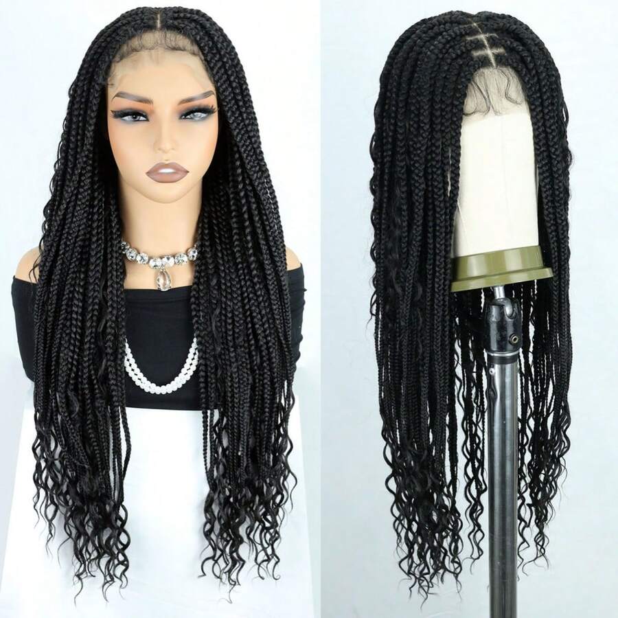 30 Inch Synthetic Braided Wig With Lace Front, Bohemian Curly, 13"X7" Lace Front Box Braids Wig, For Everyday Wear