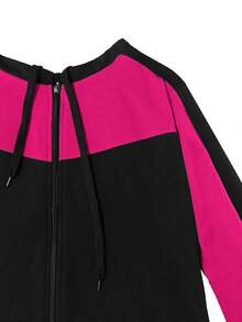 Women's Casual Color Block Hooded Zip-Up Sweatshirt And Sweatpants Sports Suit Elegant - Black Rose Red - View 4