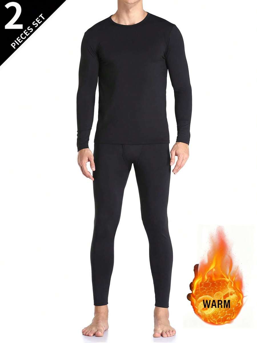 Men's Ultra-Soft Thermal Underwear Set With Long Sleeves And Pants, Featuring A Brushed Interior - màu đen - Xem 1