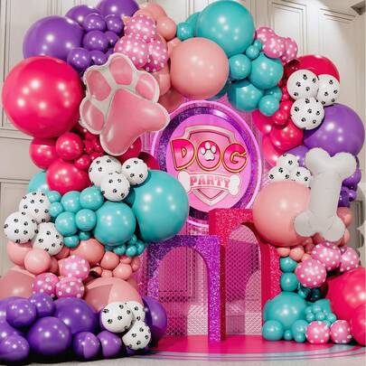 Kit de arco de guirnalda de globos con forma de hueso y pata de perro, globos de lámina de 5, 10, 12 y 18 pulgadas en color rosa, rojo, azul verdoso, azul y morado para decoración de fiesta de cumpleaños con temática de Patrulla