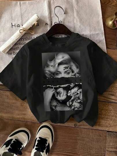 Cómoda camiseta de mujer de cuello redondo con dibujos animados y letras estampadas Diseo simple y transpirable Elegancia versátil Ideal para uso diario Entrega local Adecuada para Semana Santa, Halloween, Acción de Gracias y más