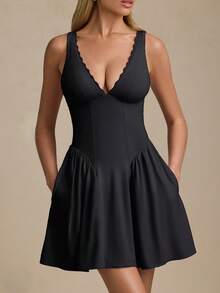 Đầm ngắn không tay cổ chữ V sâu kiểu Pháp màu đen - Đầm xòe cúp ngực thanh lịch màu đen | Lựa chọn hàng đầu cho khách dự đám cưới và trang phục đi nghỉ mát mùa hè - màu đen - Xem 9