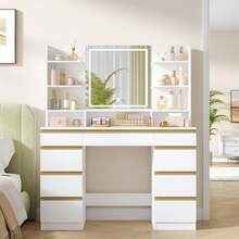 Hzuaneri Dressing Table With LED Light, Vanity Desk With 1 Large Drawer And 8 Small Drawer Cabinets, Adjustable Brightness, Large HD Mirror, 9 Open Storage Areas - Platinum - View 2