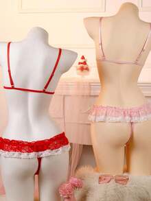 Women 2 Pieces Lingerie Nightwear Set, Lace Patchwork Bowknot Front Sleeveless Bra Ruffles Thong Sleepwear Suit - 粉色 - 查看 3