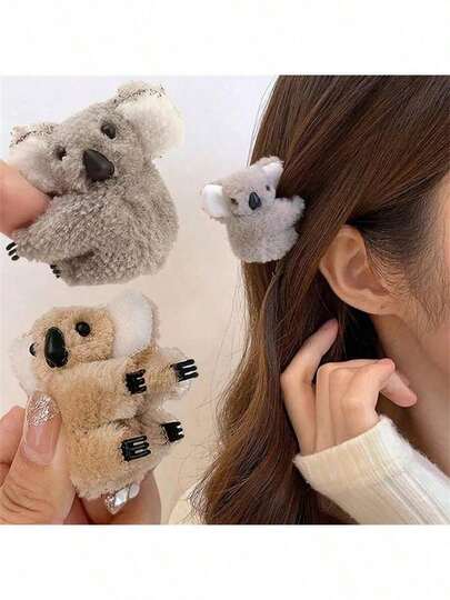 3D Mini Koala Felt Hair Clip, Soft And Fluffy Texture, Adorable 3D Koala Design With Bunny Ear Clip On The Side For Secure Hold, Matches Various Hairstyles, Cute Cartoon Hair Accessory For Daily Wear, Home Decor, Holiday Gifts And Party Favors