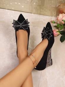 Stylish 2025 Casual Slip-On Comfortable Loafers, Suitable For Dresses, Walking, Featuring Cute Bow, Rhinestone & Colorful Sequin Decor, Platform Wedge Heel Design For Women - Black - View 5