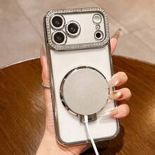 Luxury Rhinestone Lens Protection Plated Anti-Drop Phone Case With Shiny Sequin Makeup Mirror Ring Holder, Compatible With IPhone 17 Pro Max, 17 Pro, 17, 16 Pro Max, 15, 14 Plus, 13, 12 Pro Max, 11, 17 Air, Galaxy, OPPO, Honor, Redmi, Note, Infinix And More, High-Quality Shock-Proof Frame Back Cover - Silver - View 7