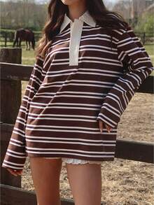 Women Striped Color Block Sweatshirt Lapel Collared Long Sleeve Oversized Rugby Shirt  Fall Clothes - Coffee Brown - View 1