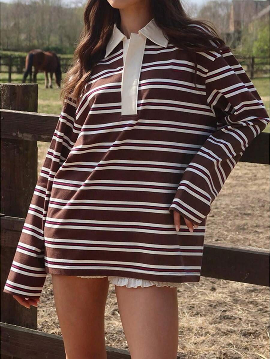 Women Striped Color Block Sweatshirt Lapel Collared Long Sleeve Oversized Rugby Shirt  Fall Clothes - Coffee Brown - View 1
