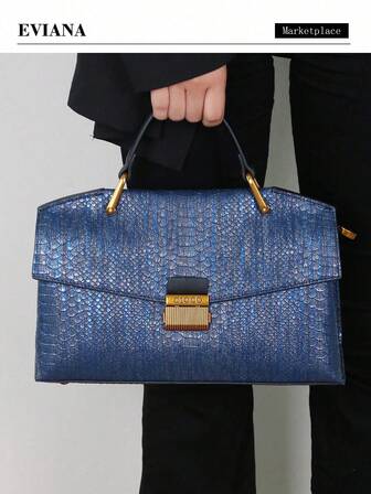 2025新款复古蓝蛇皮高端手提包，时尚奢华女士托特包，轻便大容量单肩斜挎包，鳄鱼纹鸵鸟纹OL百搭挎包