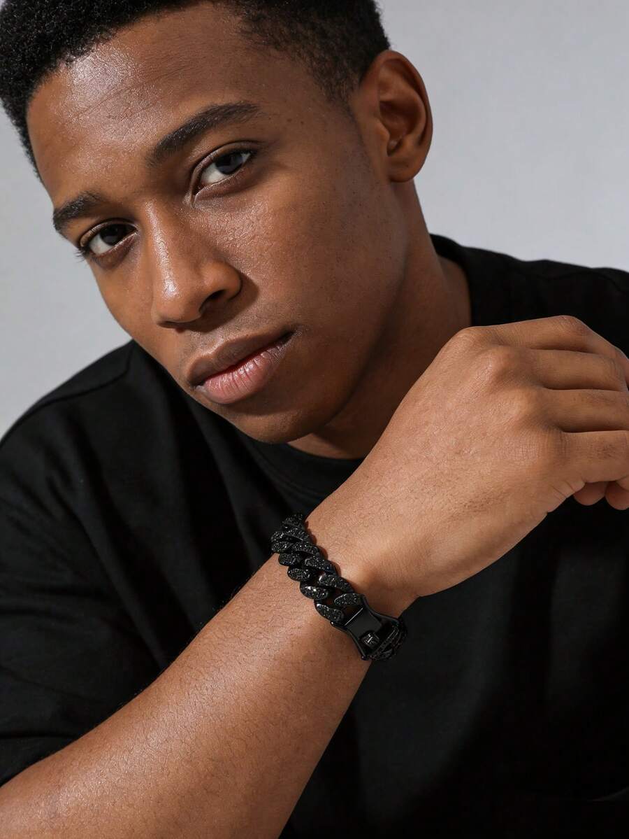 سوار رجالي كلاسيكي بسلسلة كوبية سوداء مرصعة بالماس بعرض 13 مم قطعة واحدة