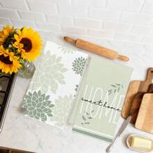 2pcs Simple Daily Green Geometric Petal "Sweet Home" Pattern Kitchen Towels, Soft Polyester Material Dish Cloths, Suitable For Kitchen Decor, Kitchen Cleaning, Holiday Party Decoration, Kitchen & Bathroom Essentials, Home Decor, Housewarming Gift - Multicolor - View 12