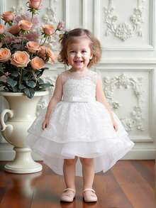 女婴纯色无袖网纱刺绣公主裙，带蝴蝶结，优雅大方，不含发带 - 白色 - 查看 1