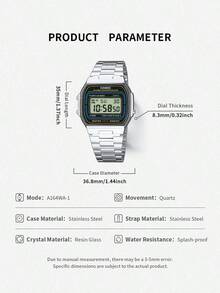 Reloj electrónico de moda deportiva unisex A168WA-1, correa de acero inoxidable retro, esfera cuadrada, con calendario, alarma y funciones de cronómetro, resistente al agua, adecuado para uso diario - Negro Azul y Blanco - Ver 6