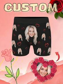 1pc Men's Customized Photo Print Multicolor High Elasticity Polyester-Spandex Blend Comfortable Fitted Unique Style Boxer Briefs, Suitable For Valentine's Day/Anniversary, Funny Gag Gift - Black - View 2