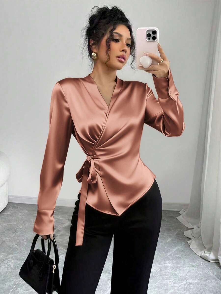 女士优雅休闲百搭通勤缎面衬衫，亲肤柔软丝滑缎面面料，100% 涤纶，可机洗干洗，纯色设计，适合所有季节，办公及日常穿着，纯色春季款 - 藕粉色 - 查看 1