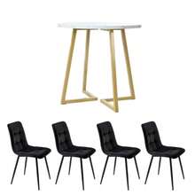 Dining Table Set (5-Piece), Modern Dining Table Set With 4 Chairs, Kitchen Table Set, Round Kitchen Table With 80 Cm Diameter And Gold Metal Legs, White MDF Tabletop, Black Velvet Chairs - Black and White - View 1