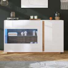 Sideboard High Glanz Kommode, White Spanplatte Mit Glas, Holzsockel, Kommode Schrank Flurschrank 138*38*90,5cm - White - View 5