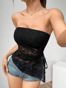 Women's Strapless Cropped Top, Transparent Lace Blouse With Side Tie, Sensual Party Style - Negro - Ver 2