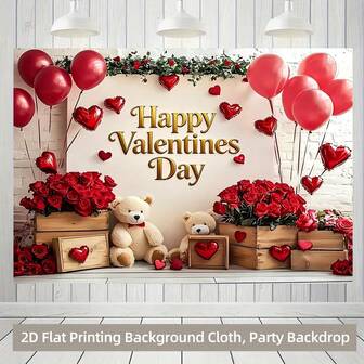 1pc Rose Teddy Bear Background Cloth Banner With "Happy Valentines Day" Text, Including Hearts, Balloon Design, Suitable For Valentine's Day Decoration, Sweet Celebration, Confession Day, Anniversary, Party Supplies, Wall, Garden Courtyard, Balcony, Corridor Decoration